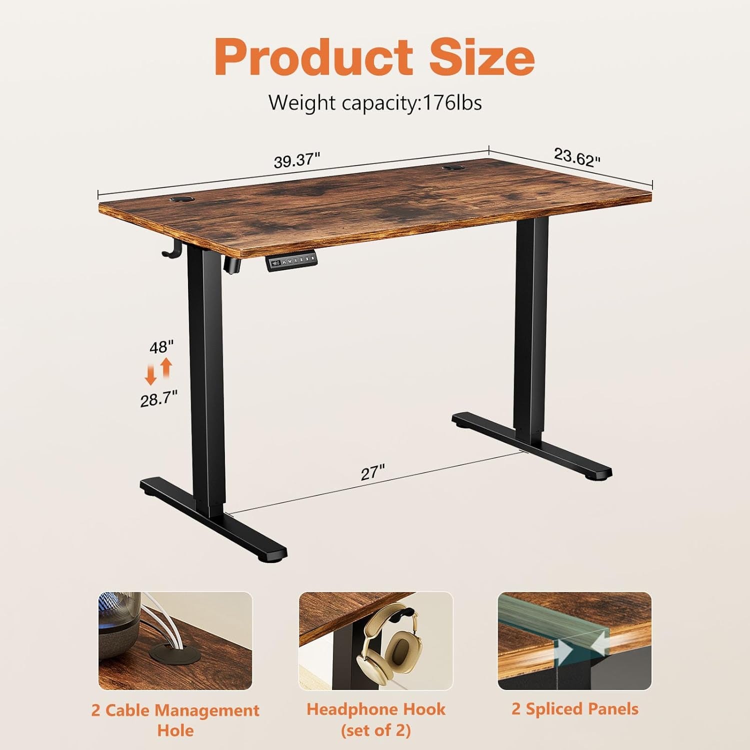 Electric Adjustable Height Standing Desk - 40 X 24 Inch Sit to Stand up Desk with Splice Board, Rising Home Office Computer Table with 2 Hook and Wire Hole for Work