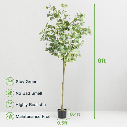 6FT Artificial Eucalyptus Tree Indoor Fake Tree Tall Fake Eucalyptus Plant Large Lifelike Green Faux Tree for Home Office Living Room Bedroom Corner Decor