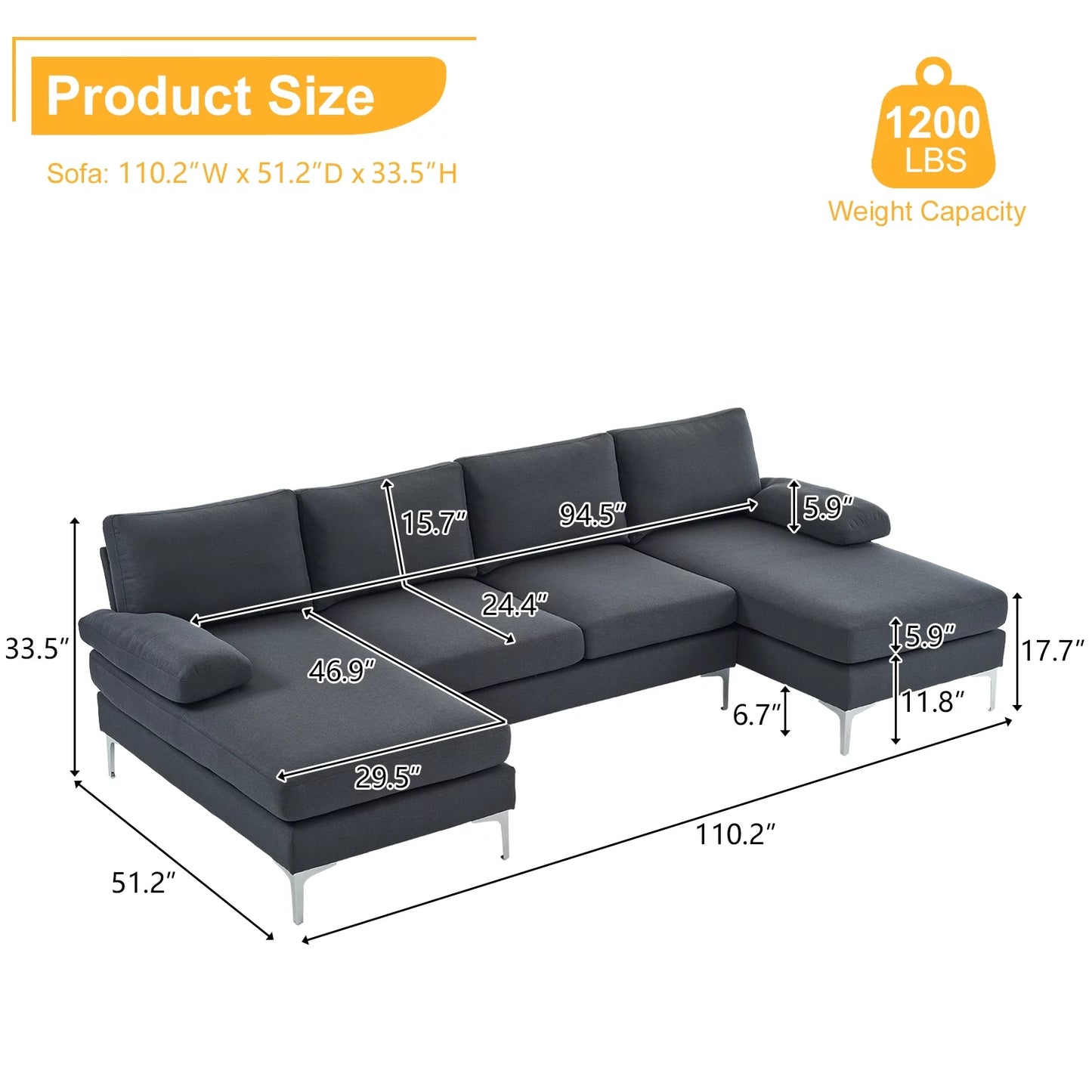 Sectional Sofa, U-Shape Convertible Couch Set with Soft Linen Fabric, Lounge Sleeper with Chaise for Living Room 4 Seat Dark Gray - Design By Technique