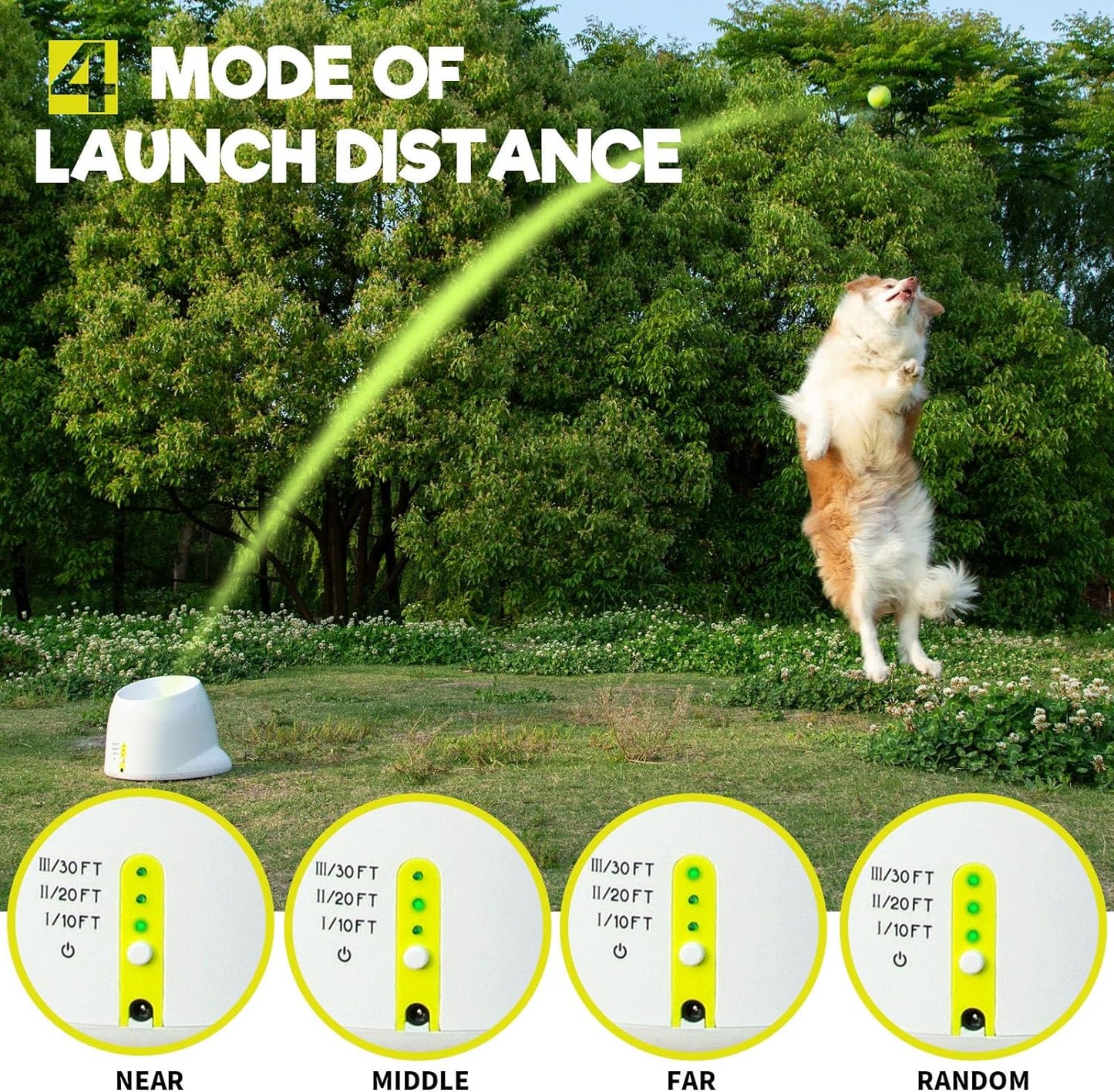 Automatic Ball Launcher, Adjustable Launch Distance, Including 6 Pack Small Sized Balls, Suitable for Small to Medium Sized Dogs (White)