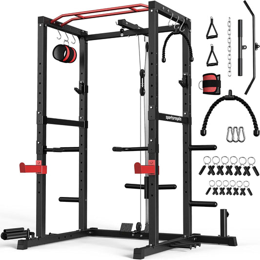 Power Cage,1600Lbs Multi-Function Power Rack with Adjustable Cable Crossover System and More Training Attachment, Weight Cage for Home Gym