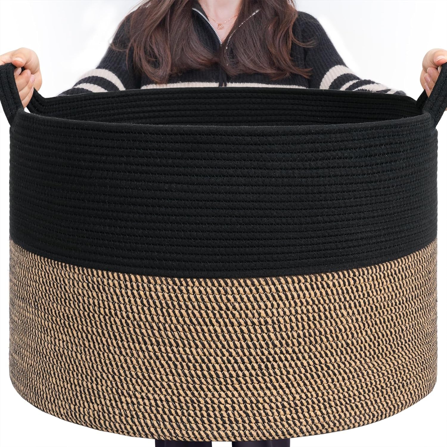 Large Storage Baskets for Organizing, 21.7 X 13.8 Blanket Basket Living Room Dog Toy Bin, Woven Laundry Basket for Dirty Clothes, Pillows, Towel, 90L Mix Black