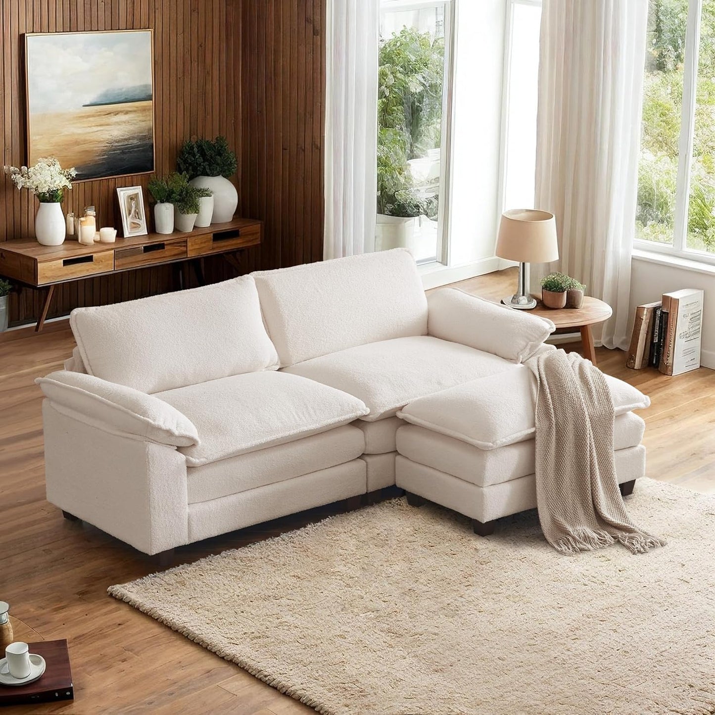 85.4" Convertible Sectional Sofa,L-Shaped Deep Seat Sofa Couch for Living Room,Modern 2-Seat Loveseat Sofa with Ottoman for Small Space(White,Faux Sherpa, 85.4")