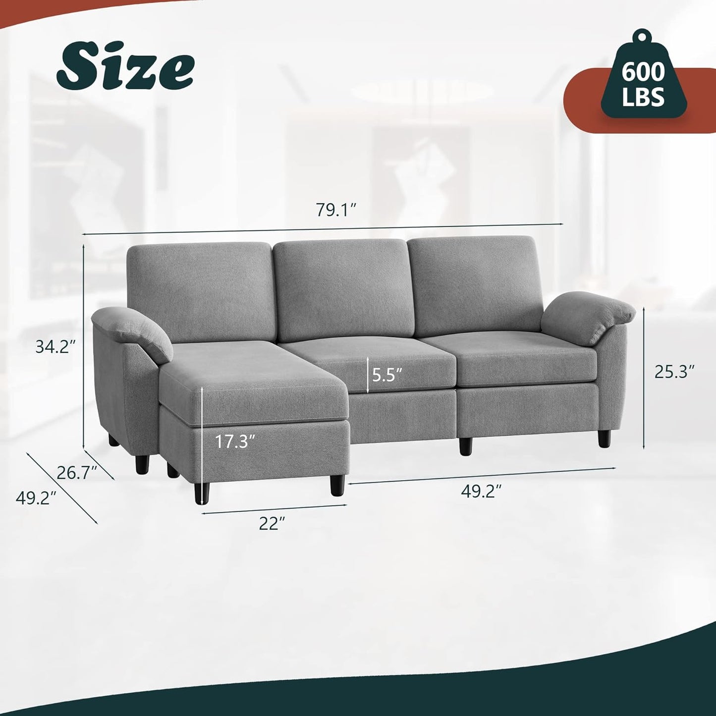 79" Convertible Sectional Sofa Couch, 3 Seat L Shaped Sofa with Removable Pillows Linen Fabric Small Couch Mid Century for Living Room, Apartment and Office (Light Gray)