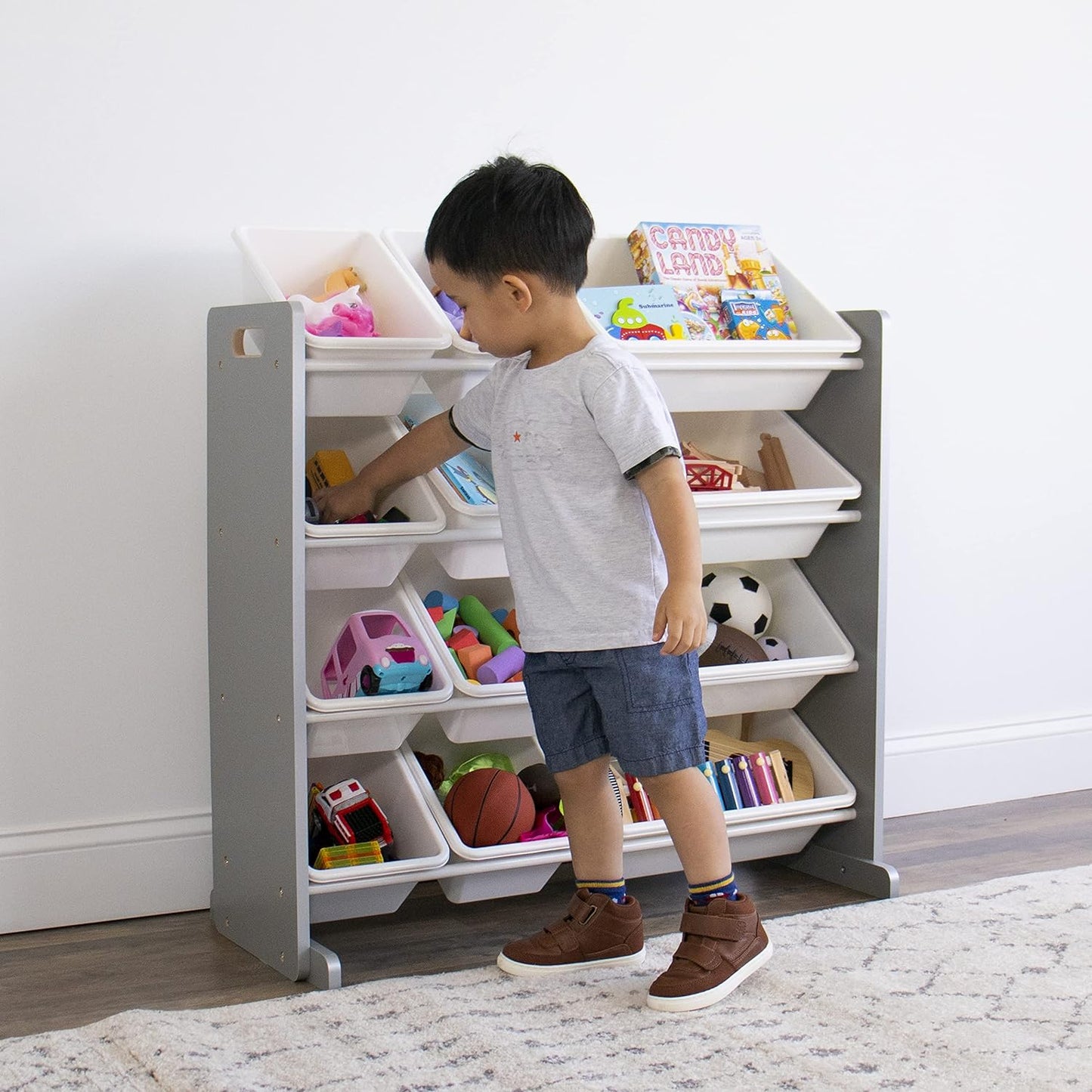 , Grey/White Kids Toy Organizer with 12 Storage Bins, Toddler