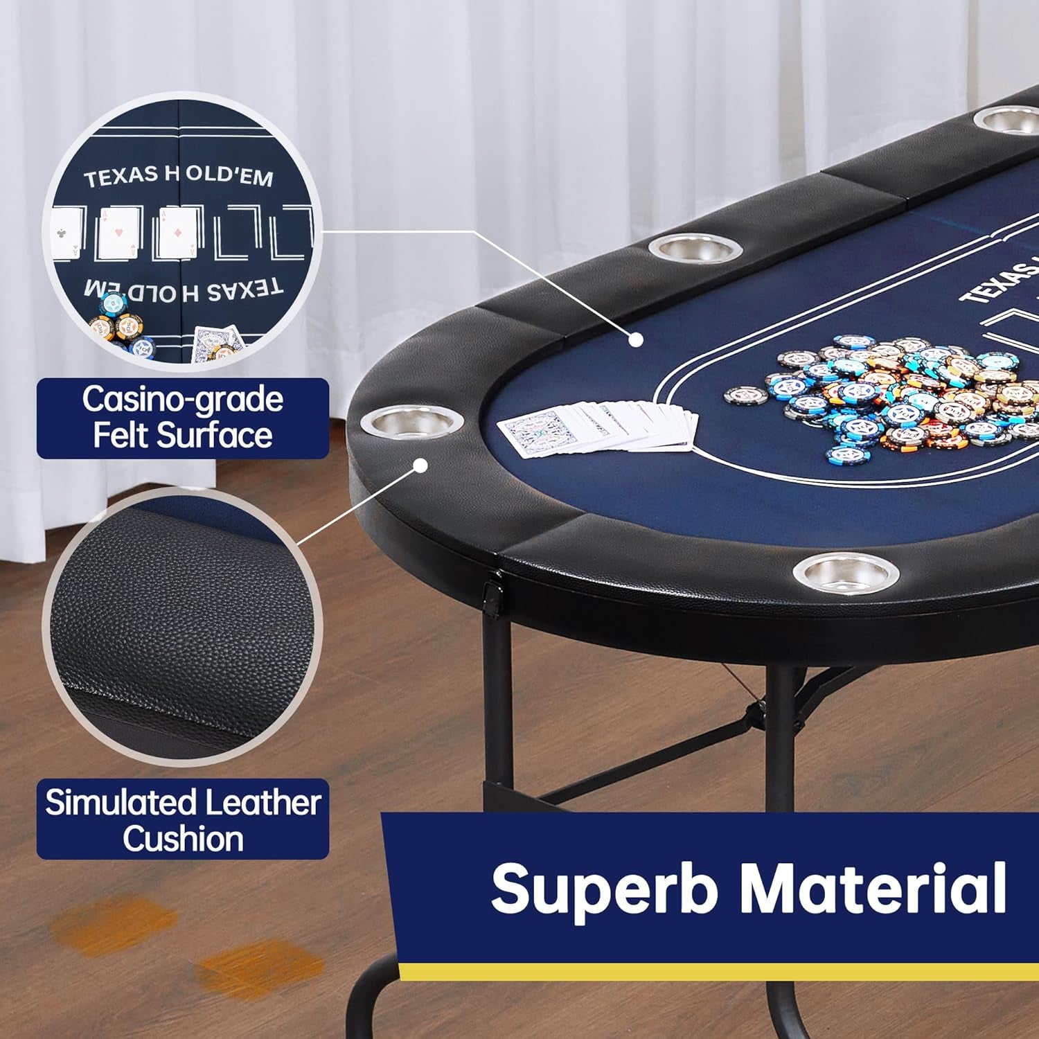 Foldable Poker Table-8 Player Texas Hold'Em Table, No Assembly Needed, Equipped with Cup Holders, Perfect for Homes, Parties, Game Rooms, Stylish Blue Design