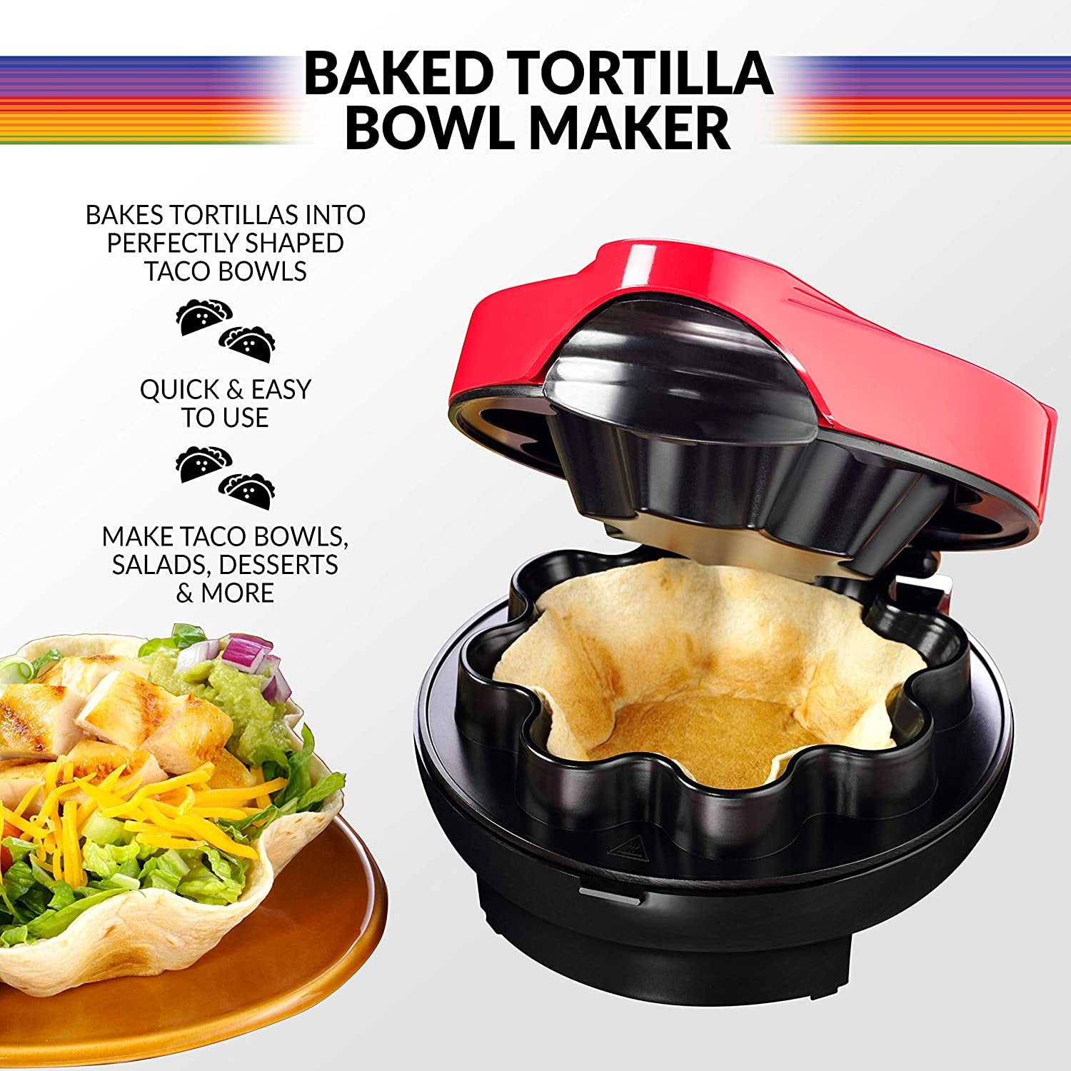 Taco Tuesday Tortilla Bowl Maker for Baked Taco Bowls, Tostadas, Salads, Dips, Appetizers, and Desserts, 8 to 10 Inch Tortillas, Red