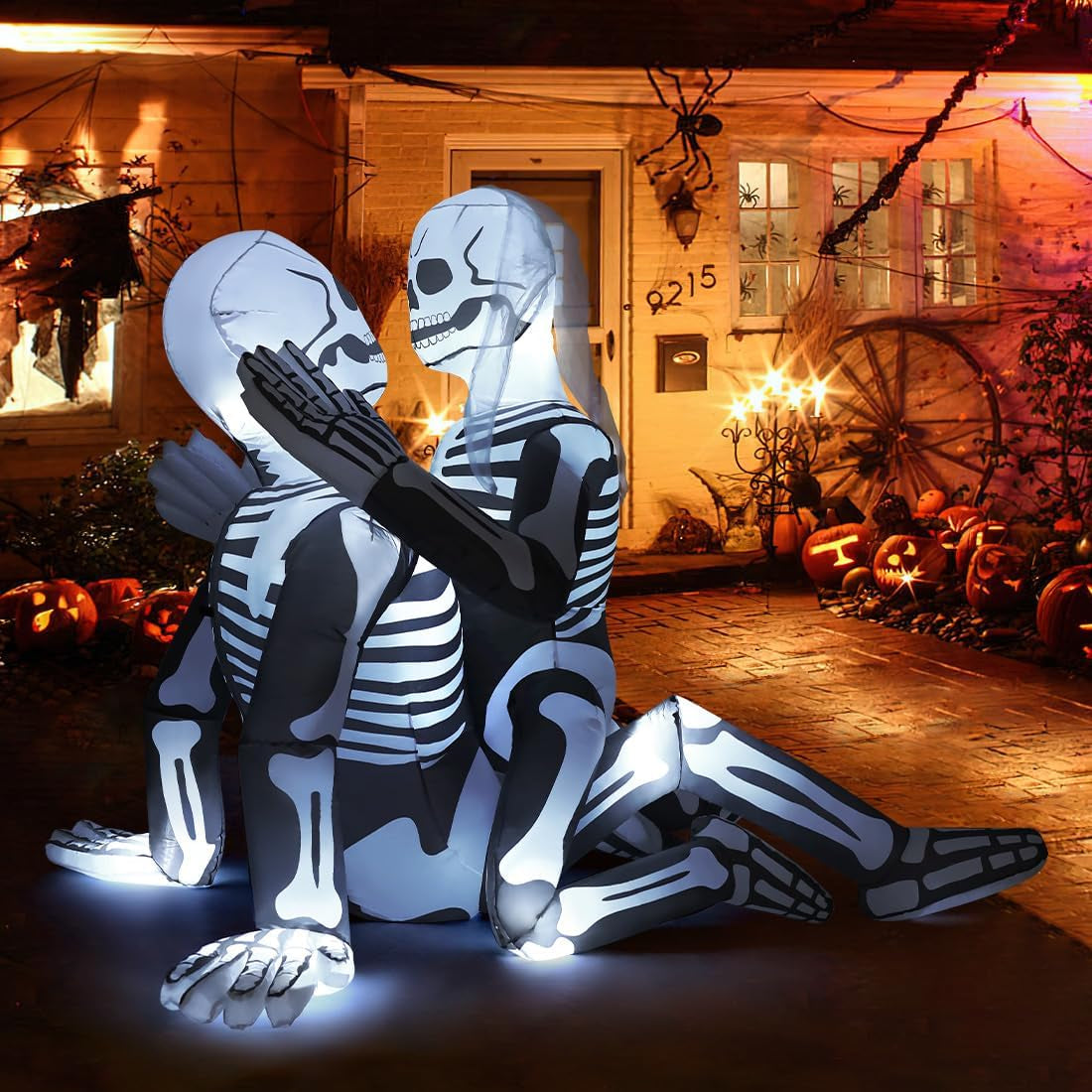 6.5 FT Long Halloween Inflatables Skeleton Outdoor Decorations Blow up Yard Cuddling Couple Lovers with Built-In Leds for Garden Lawn Indoor Party Decor