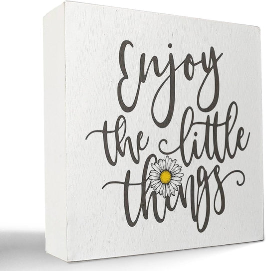 Enjoy the Little Things Wooden Box Sign Desk Decor,Rustic Farmhouse Daisy Wood Block Plaque Box Sign for Home Office Shelf Table Decoration