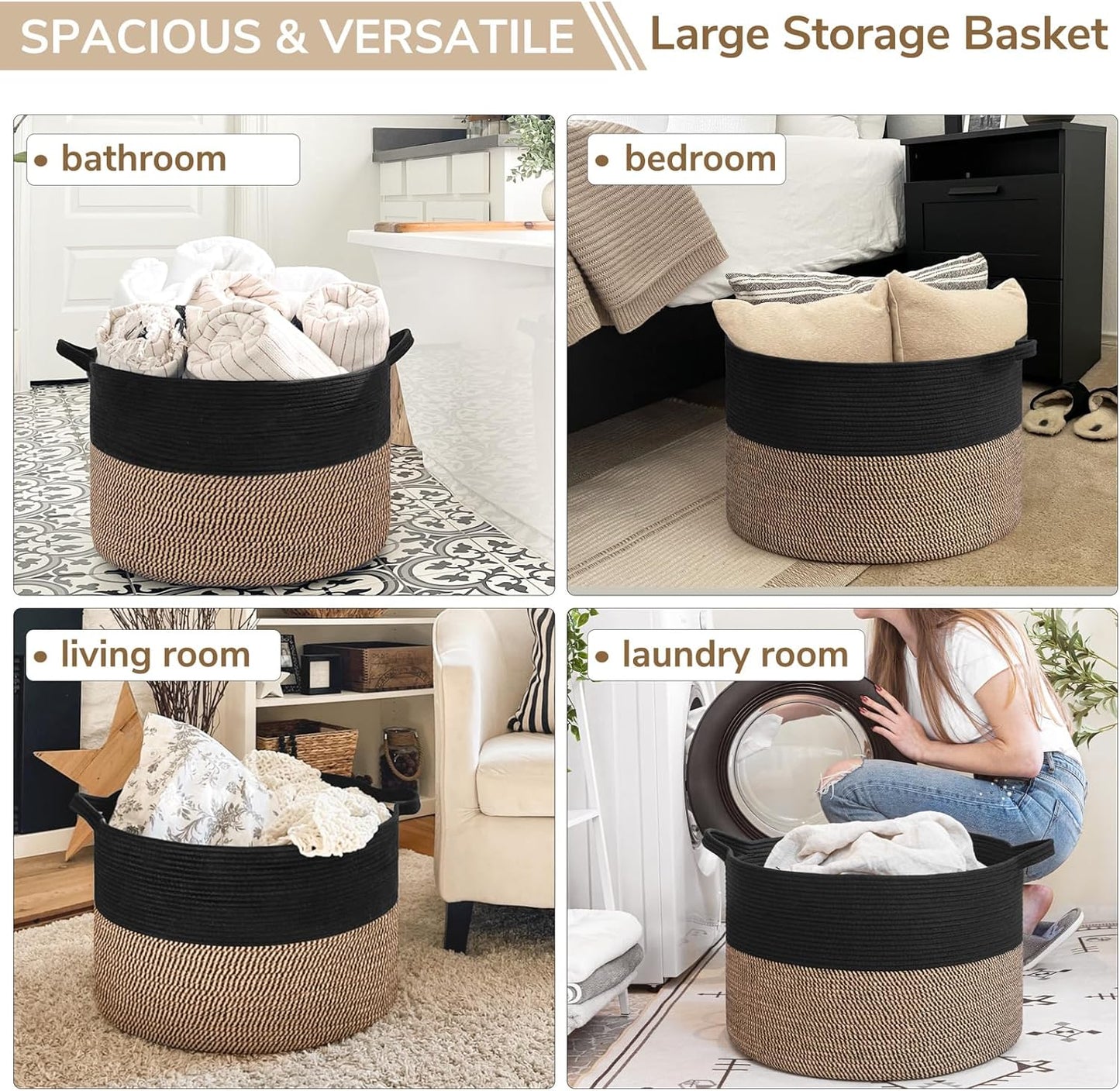 Large Storage Baskets for Organizing, 21.7 X 13.8 Blanket Basket Living Room Dog Toy Bin, Woven Laundry Basket for Dirty Clothes, Pillows, Towel, 90L Mix Black