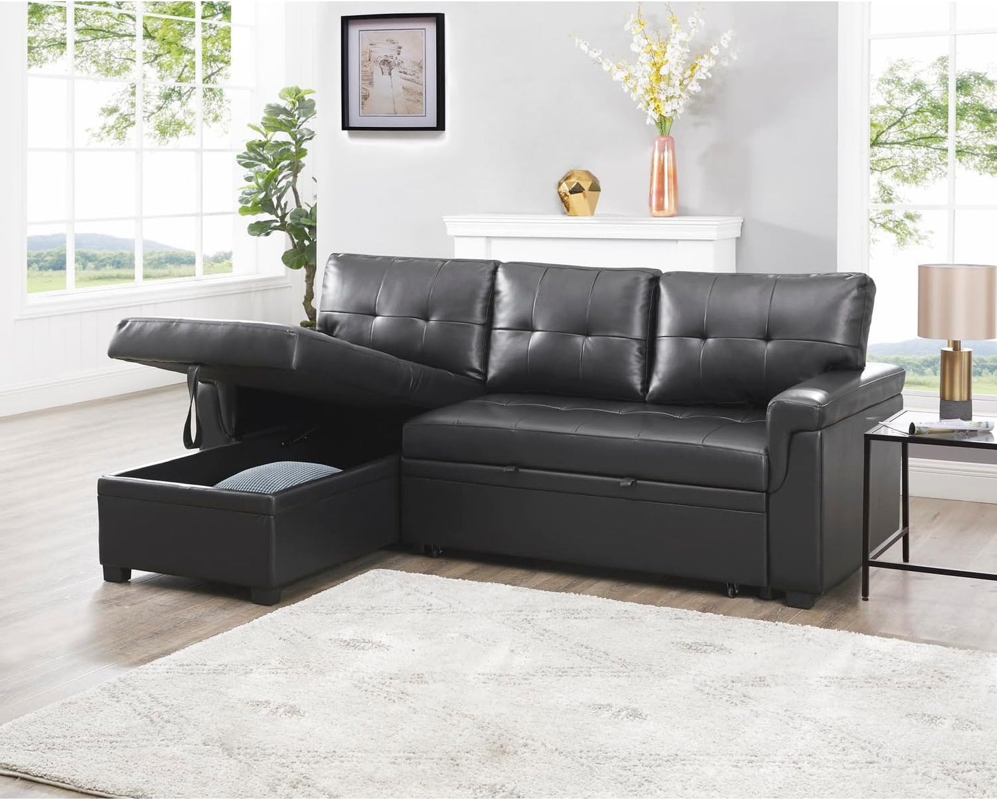 Transform Any Space: Sleeper Sectional Sofa with Convertible Sofa Bed & Inviting Chaise. Find Tranquil Comfort with Stress-Relieving Design & Durable Cushions - Black/Air Leather