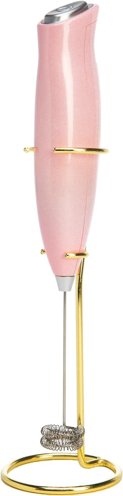 Electric Handheld Milk Frother with Double Coil Head Whisk and Gold Metal Stand, Battery Powered (2 AA Batteries Required but Not Included), Pink Sparkle Finish