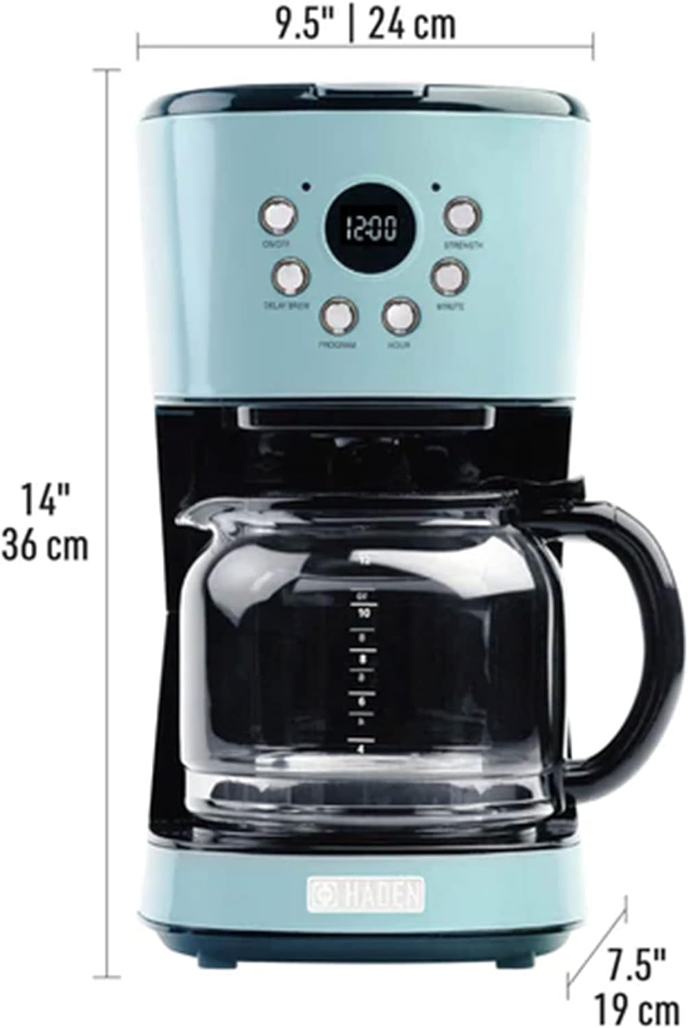 Innovative 12 Cup Capacity Programmable Ergonomic Vintage Retro Home Countertop Coffee Maker Machine with Glass Carafe Pot, Turquoise Blue