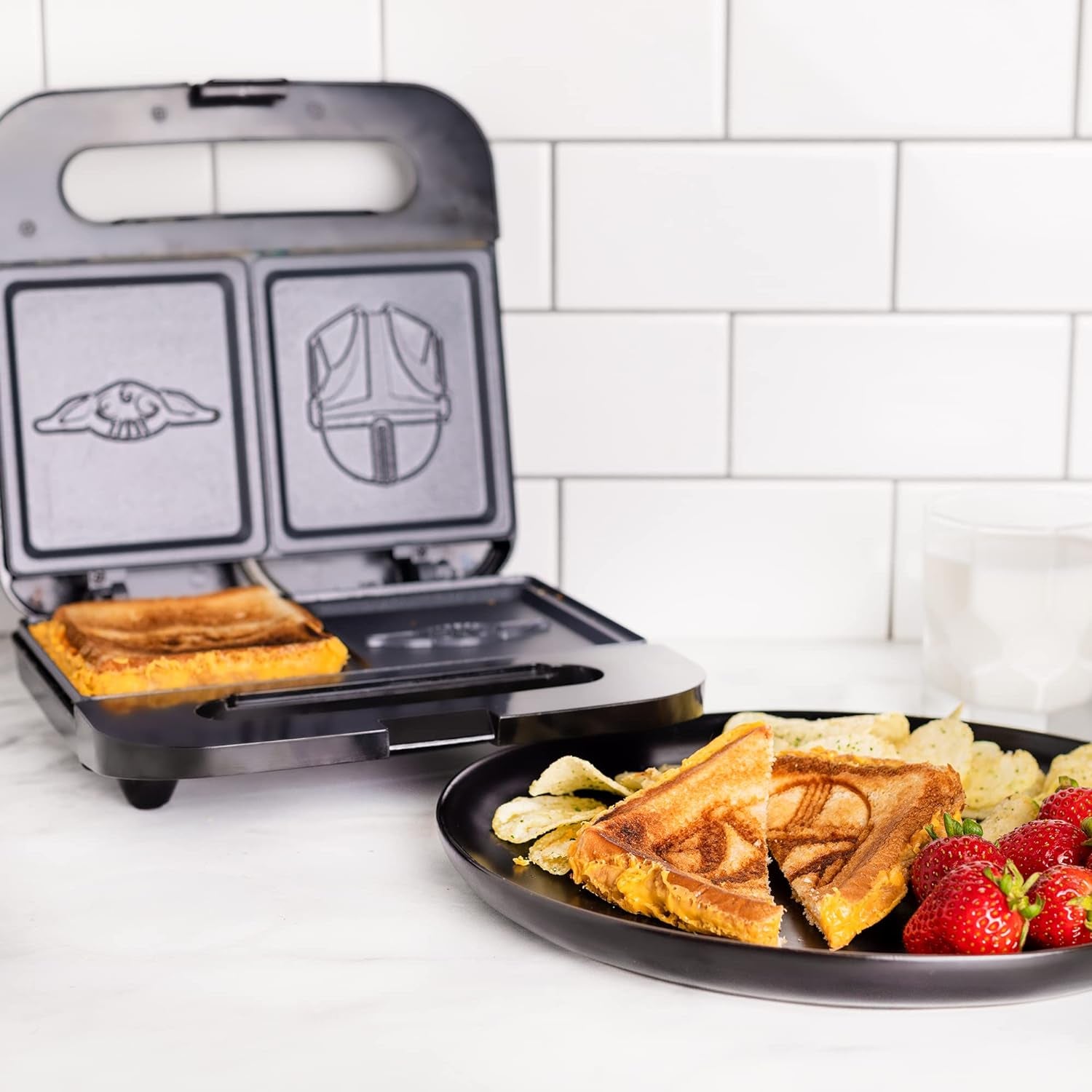 the Mandalorian Grilled Cheese Maker- Panini Press and Compact Indoor Grill- Baby Yoda and Mando Sandwich