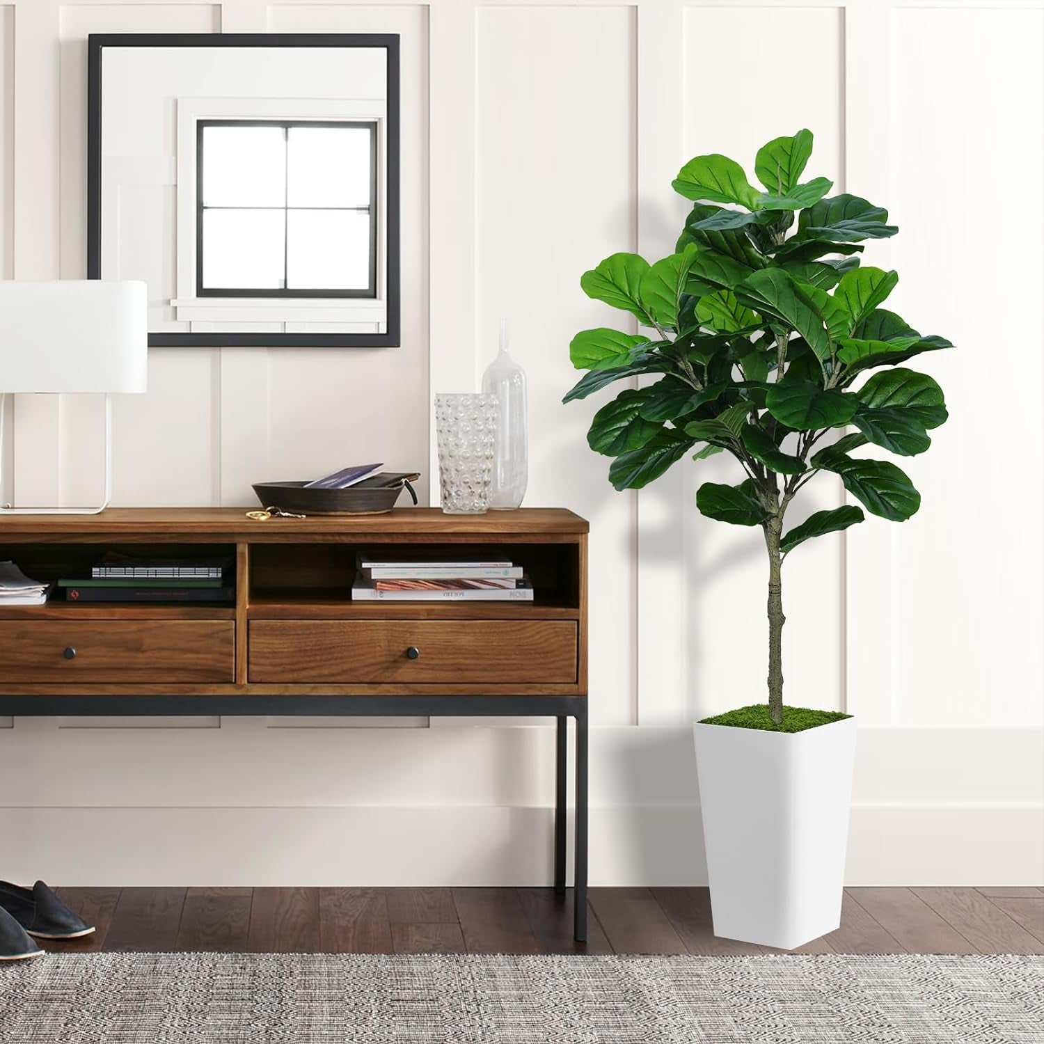 Fiddle Leaf Fig Tree Artificial 5FT - Faux Fiddle Leaf Fig Tree with White Tall Planter - Fake Ficus Lyrata Floor Plant Potted - Artificial Fig Tree for Home Office Living Room Decor Indoor