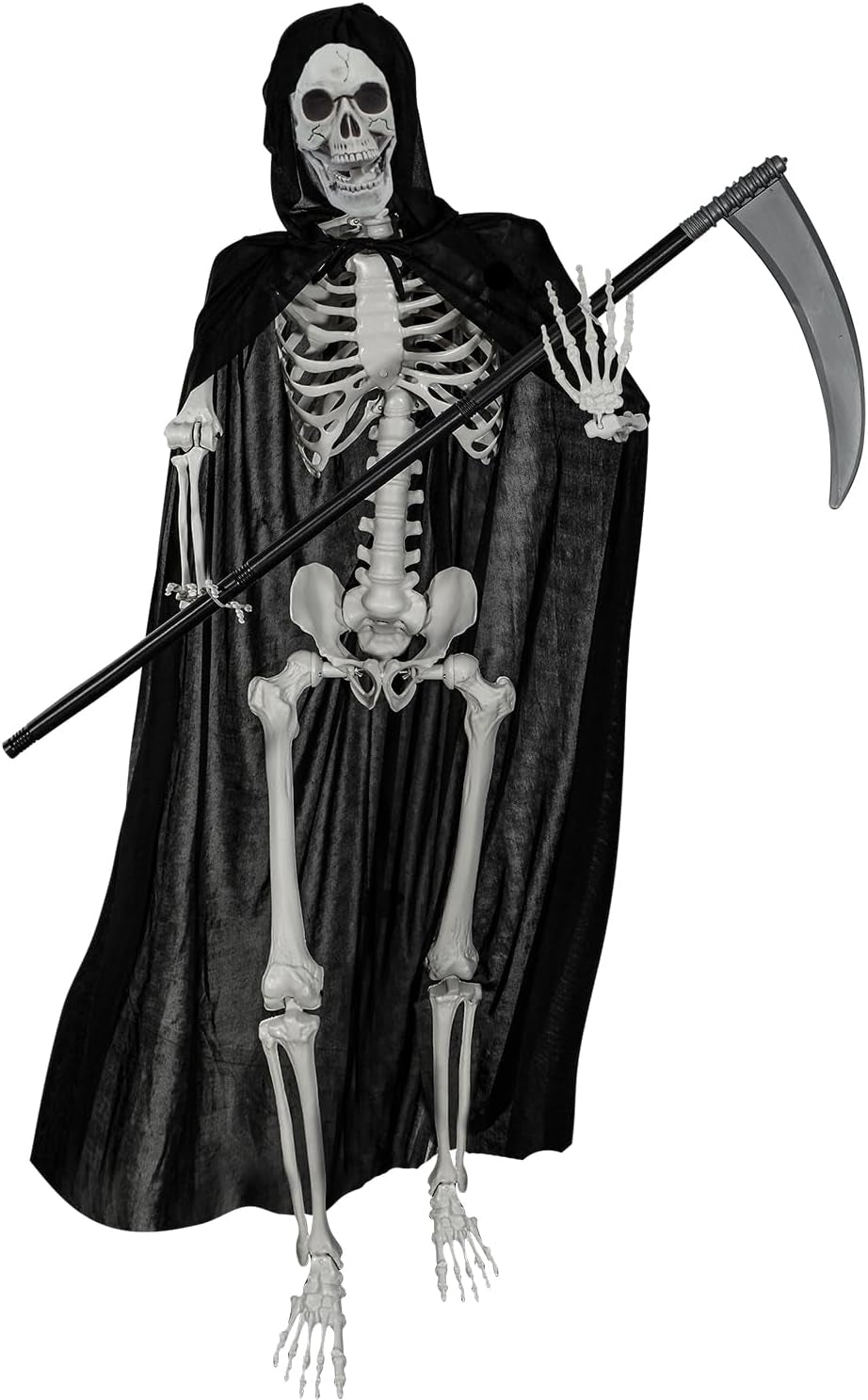 5.4Ft/165Cm Halloween Skeleton,Poseable Life Size Skeleton with Black Cloak & Death Scythe,Full Body Human Bones for Halloween Patio Lawn Yard Garden Party Decoration