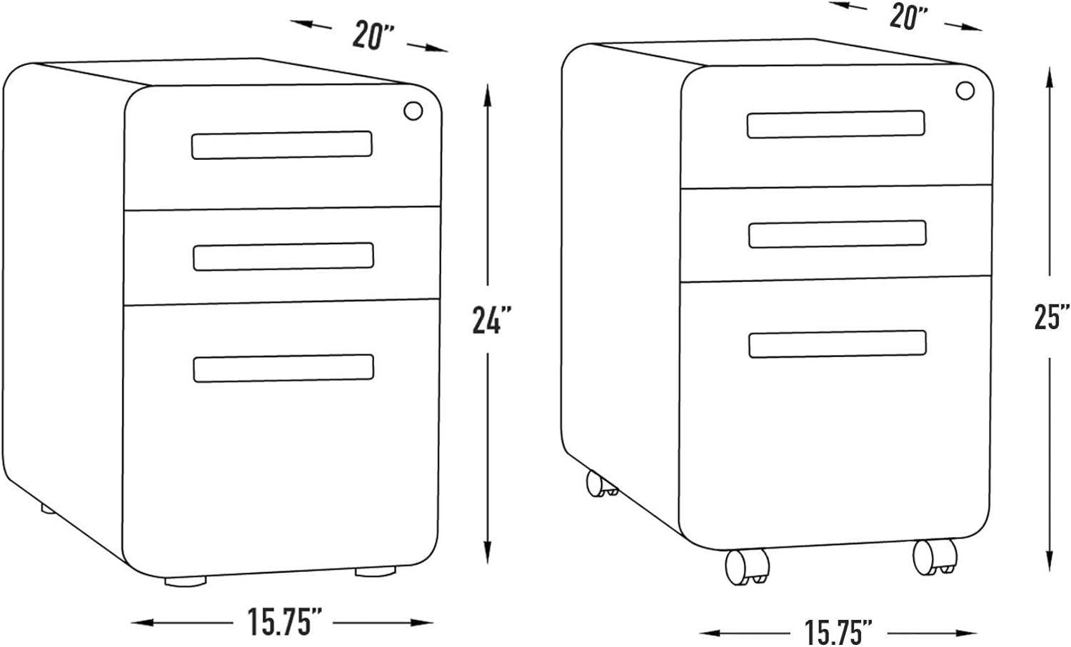 Stockpile 3 Drawer File Cabinet with Lock - under Office Desk Metal Filing Cabinet, Legal/Letter File Folders, Wheels and Stationary Feet, Pre-Assembled, White/Wood - Design By Technique