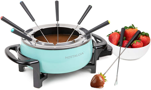 12-Cup Electric Fondue Pot Set for Cheese & Chocolate - 8 Color-Coded Forks, Adjustable Temperature Control - Stylish Serving for Hors D'Oeuvres, Entrees, and Desserts - Aqua