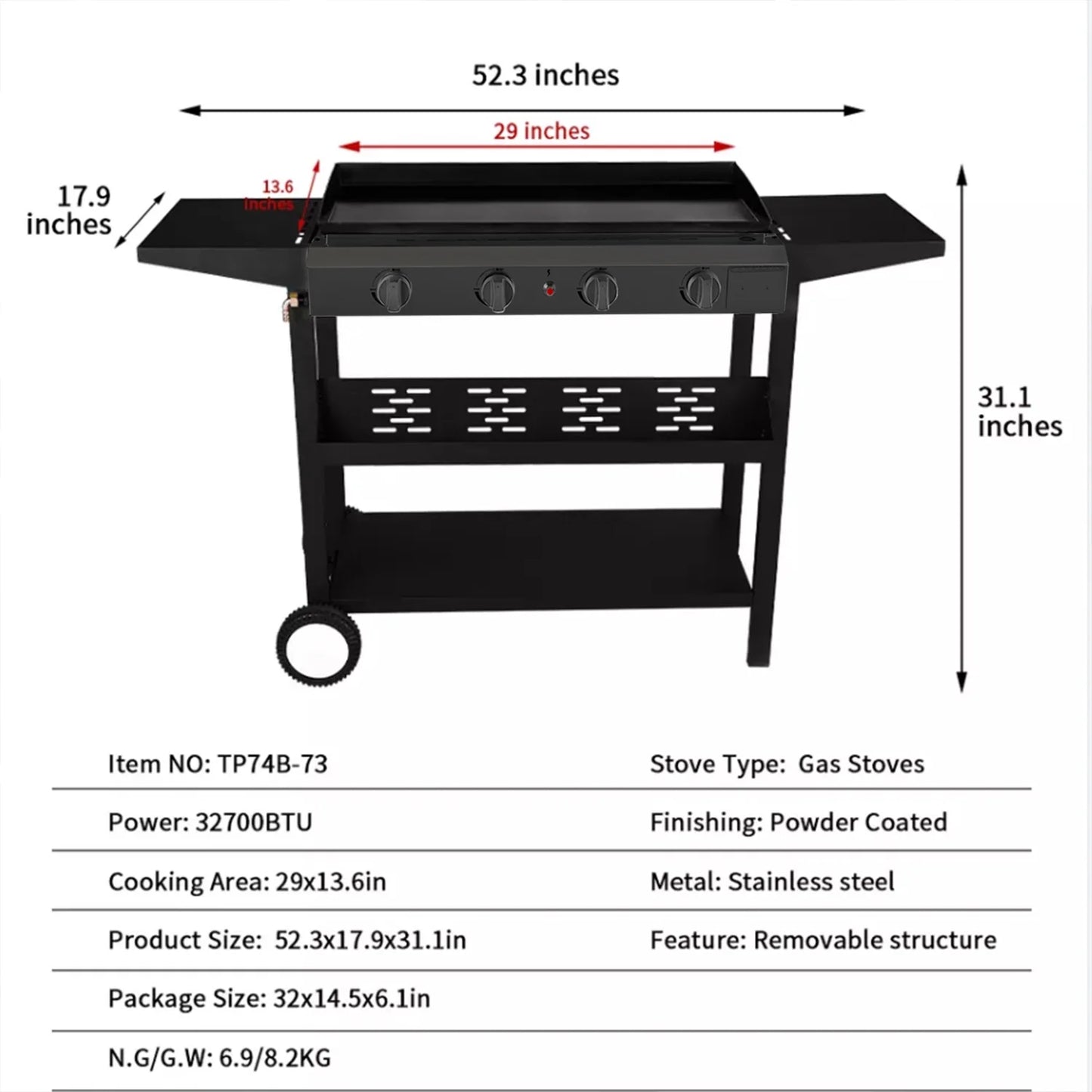 4-Burner 30" Griddle Propane Gas Grill, Black