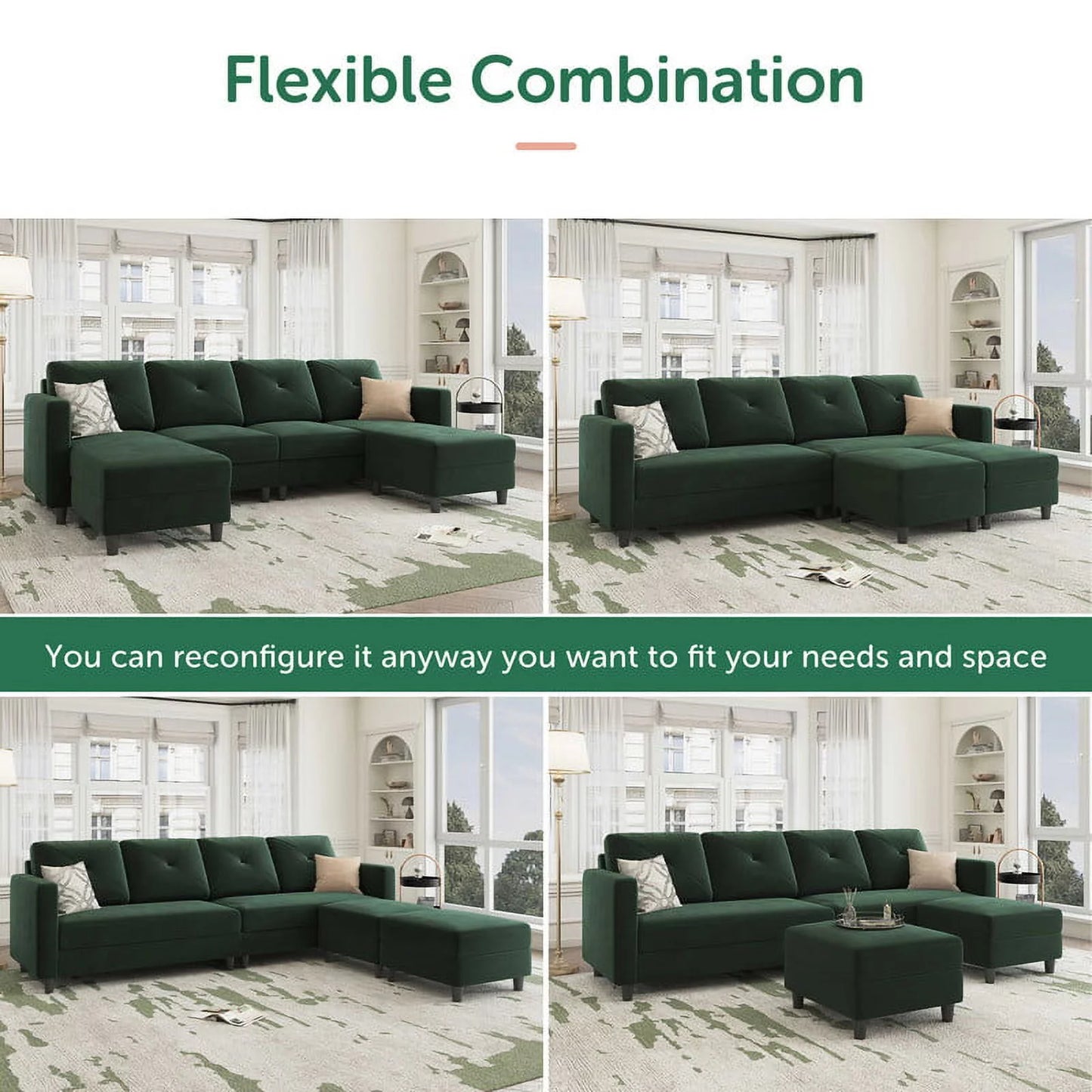 Velvet Convertible Sectional Sofa U-Shaped Sectional Couch with Ottoman for Living Room, Green - Design By Technique