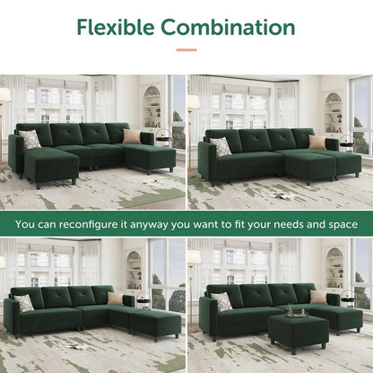 Velvet Convertible Sectional Sofa U-Shaped Sectional Couch with Ottoman for Living Room, Green - Design By Technique