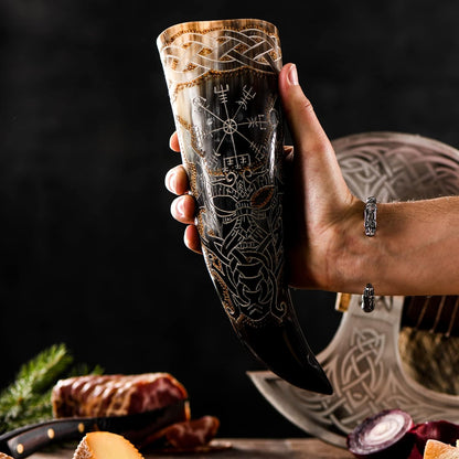 Authentic Handmade Viking Drinking Horn - Medieval Norse Ale Drinking Mug for Vikings with Stand - Hand Engraved Viking'S Drink Cup - Food Safe Beer Horns (Odin & Vegvisir - 14 Inches), 2 Piece Set