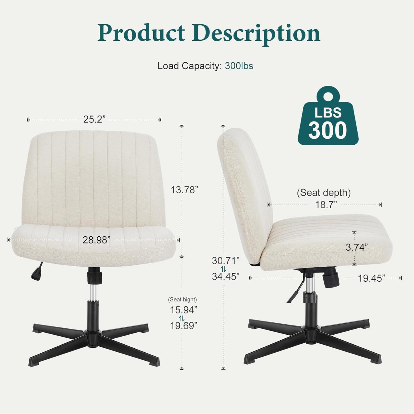 Criss Cross Legged Office Chair, Armless Swivel Wide Desk Chair No Wheels, Modern Height Adjustable Fabric Home Office Desk Chair - Beige