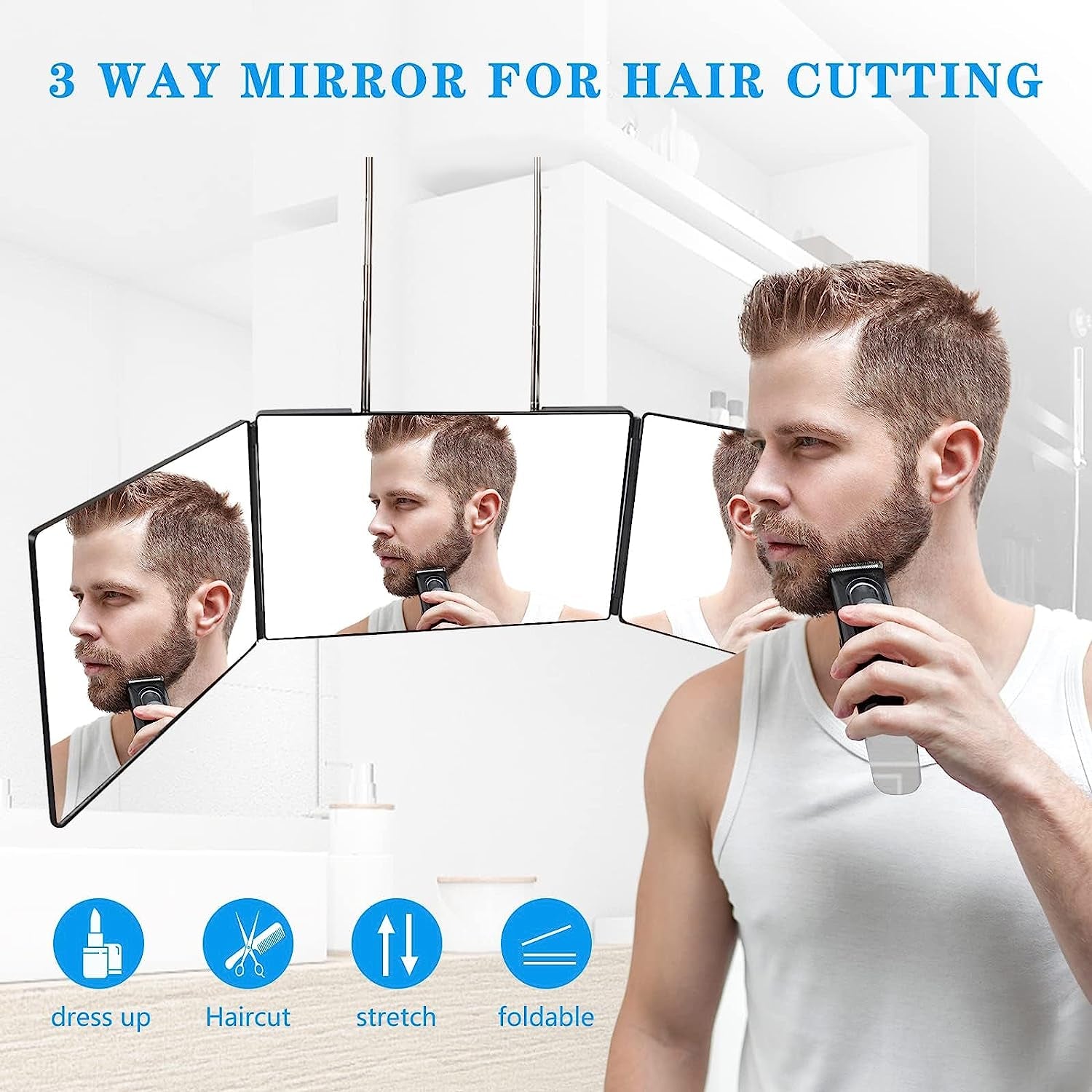 3 Way Mirror for Self Hair Cutting Tools with Height Adjustable Mirror 360 Trifold Mirror for Makeup to See Back of Head (Black)
