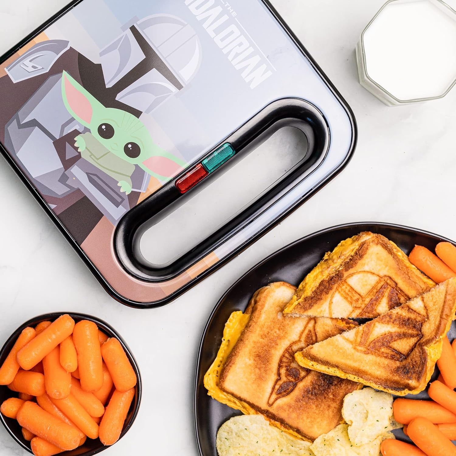 the Mandalorian Grilled Cheese Maker- Panini Press and Compact Indoor Grill- Baby Yoda and Mando Sandwich