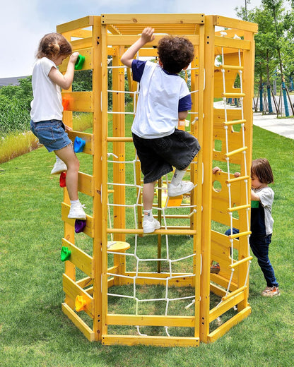 Hawthorn 9-In-1 Outdoor Activity Center | Swing, Rock Wall, Monkey Bars | Ages 3-11 | Pine Wood Construction | Climbing Rope, Net Wall | Strength, Coordination, and Imagination-Boosting Fun