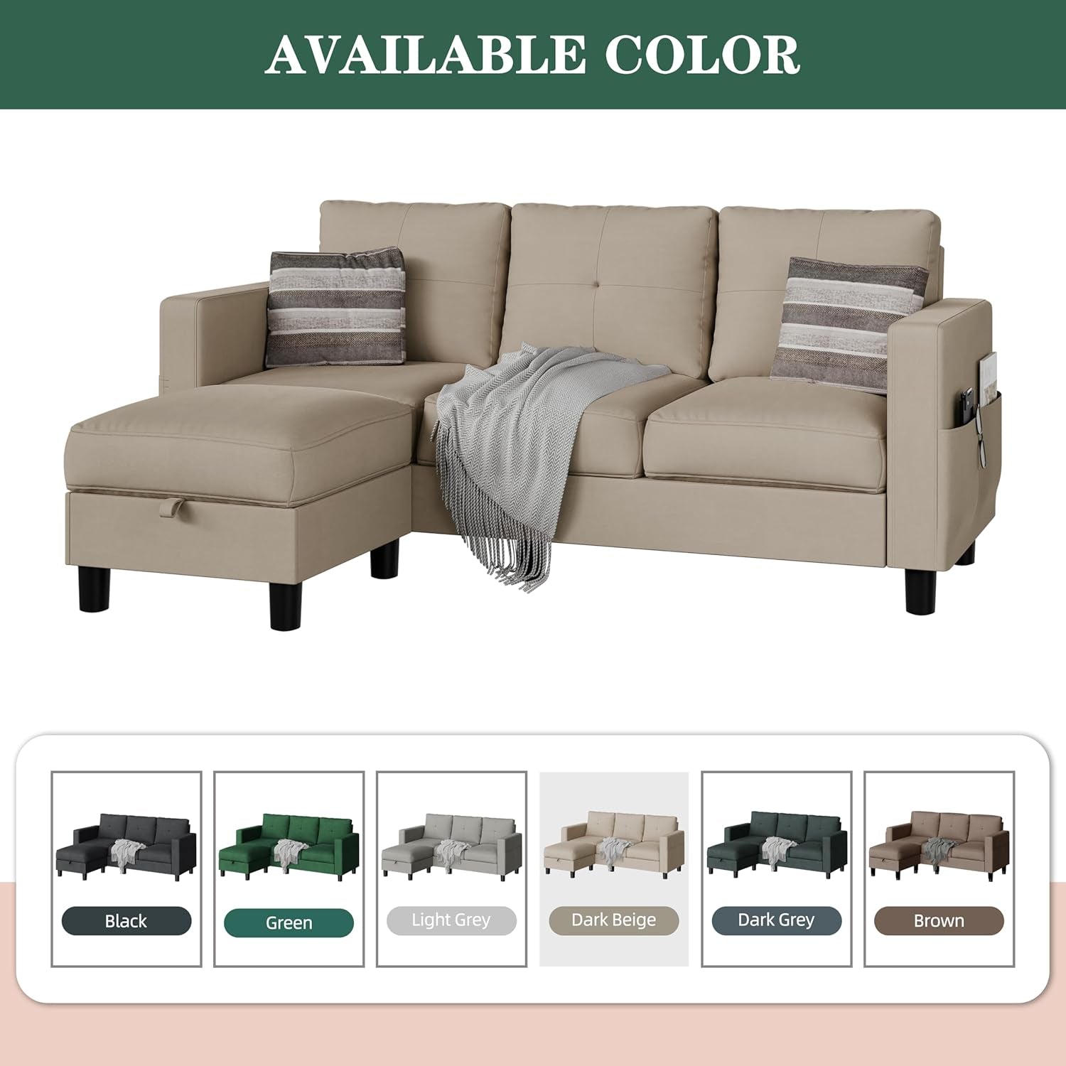 Convertible Sectional Sofas Couches for Living Room, L Shaped Couch with Storage Ottoman, Small Sectional 3 Seater Sofa for Small Spaces, Dark Beige