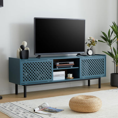 Farmhouse TV Stand for 70 Inch TV, Entertainment Media Center with Grid Sliding Door and Adjustable Shelves, Television Stands with Storage for Living Room Bedroom(Blue)