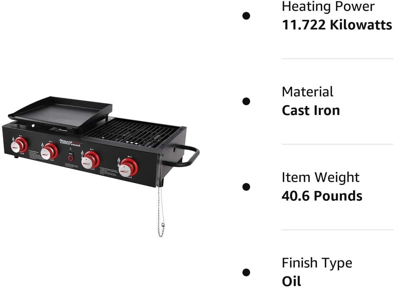 GD4002T 4-Burner Tailgater Grill & Griddle Combo, Portable Propane Gas Grill and Griddle, 2-In-1 Combo Design for Backyard or Outdoor BBQ Cooking, 40,000 BTU, Black