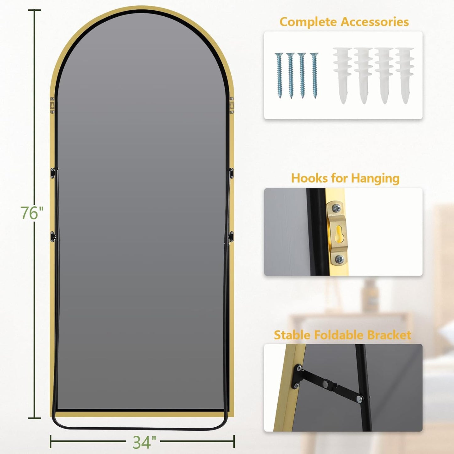 76"X34" Large Mirror Full Length, Arched Full Length Mirror with Stand, Extra Large Floor Mirror for Bedroom Living Room Cloakroom Gym, Hanging Standing or Leaning Full Body Mirror, Gold - Design By Technique