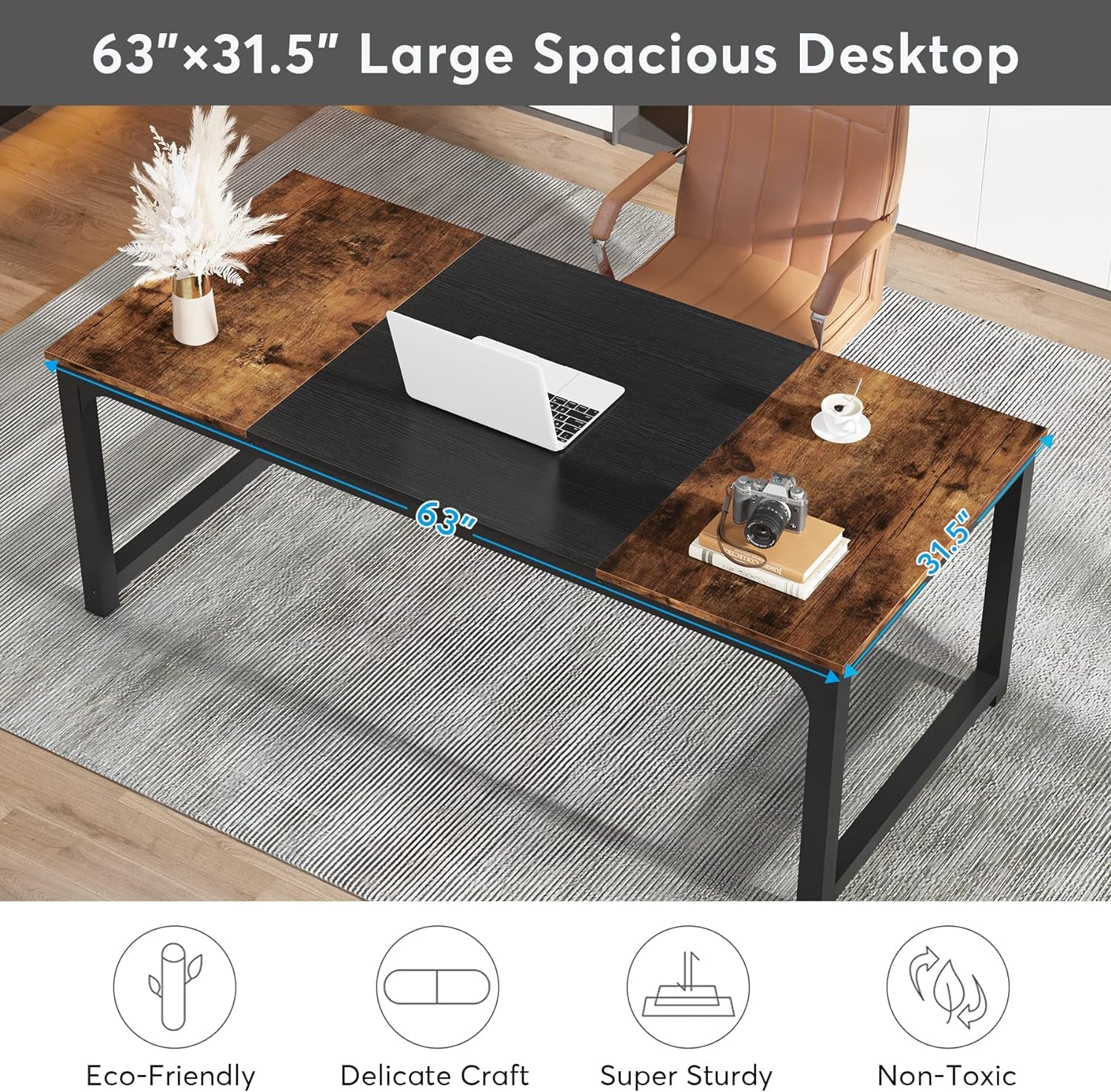 Modern Computer Desk, 63 X 31.5 Inch Large Office Desk Computer Table Study Writing Desk Workstation for Home Office, Vintage Black Metal Frame