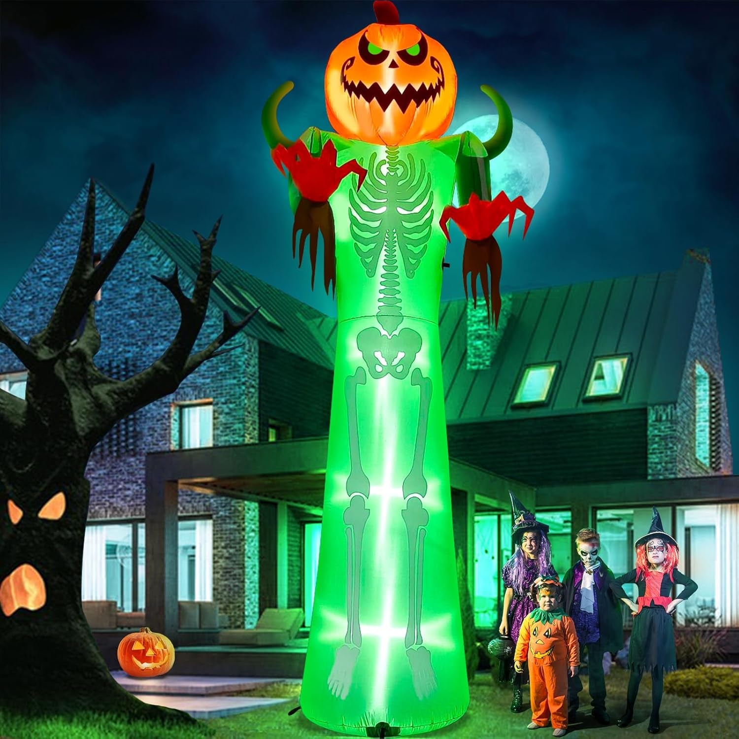 12FT Halloween Inflatable with LED Light,  Giant Pumpkin Halloween Outdoor Decoration Scary Pumpkin Skeleton Blow up Inflatable for Home Family Party Halloween Holiday Yard Lawn Indoor Decor