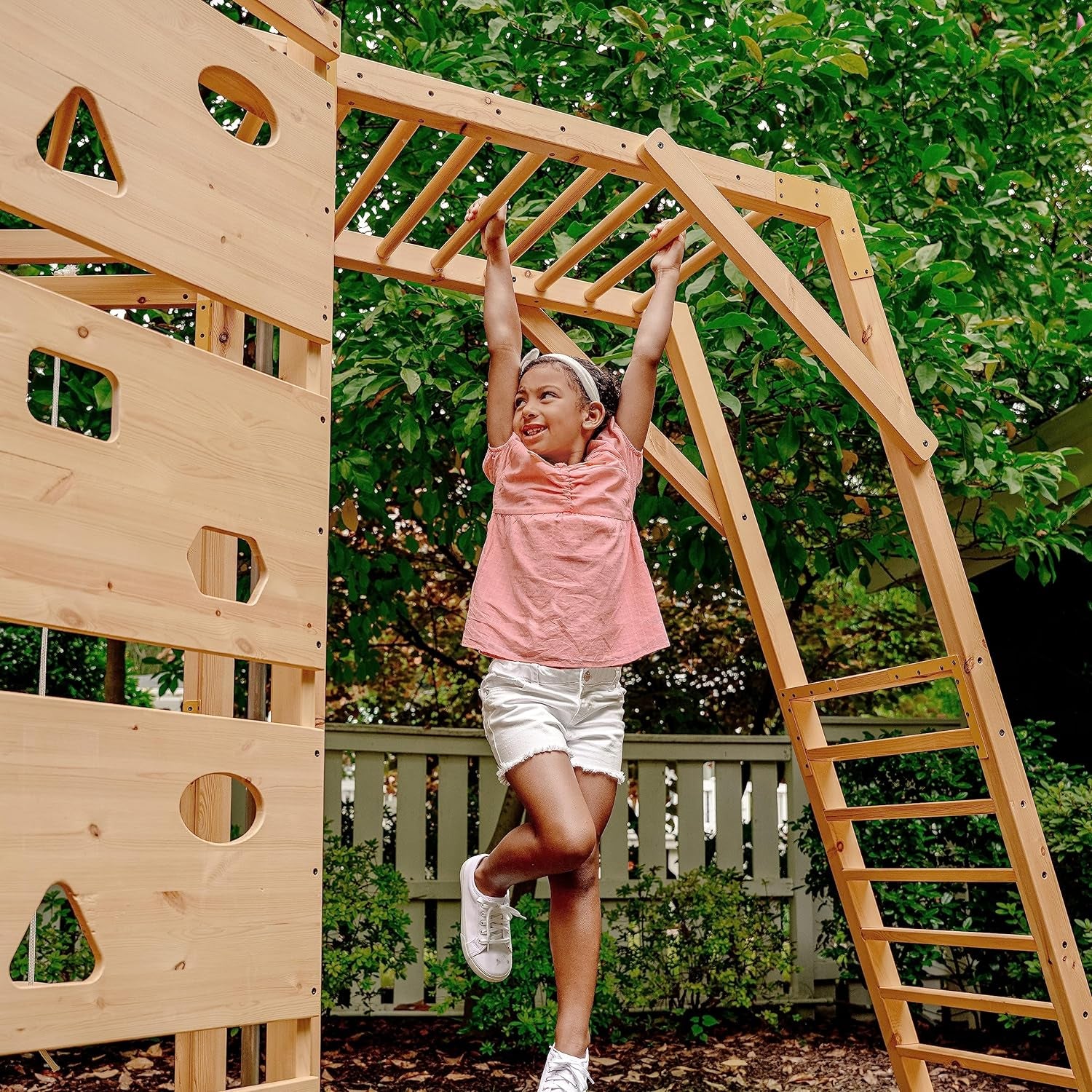 Hawthorn 9-In-1 Outdoor Activity Center | Swing, Rock Wall, Monkey Bars | Ages 3-11 | Pine Wood Construction | Climbing Rope, Net Wall | Strength, Coordination, and Imagination-Boosting Fun