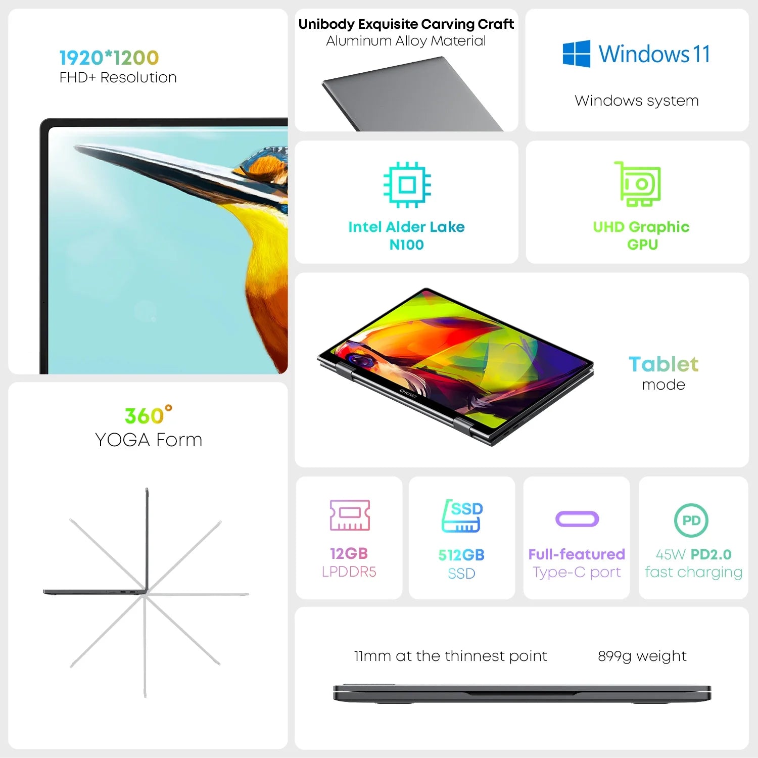 Minibook X 10.51" 360° Touchscreen Laptop 512GB SSD 12GB Ram,12Th Gen Intel Alder Lake N100(Up to 3.4Ghz),Windows 11,2 in 1 Tablet Notebook Computer,1Tb SSD Expand+Mouse+Hub