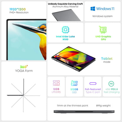 Minibook X 10.51" 360° Touchscreen Laptop 512GB SSD 12GB Ram,12Th Gen Intel Alder Lake N100(Up to 3.4Ghz),Windows 11,2 in 1 Tablet Notebook Computer,1Tb SSD Expand+Mouse+Hub