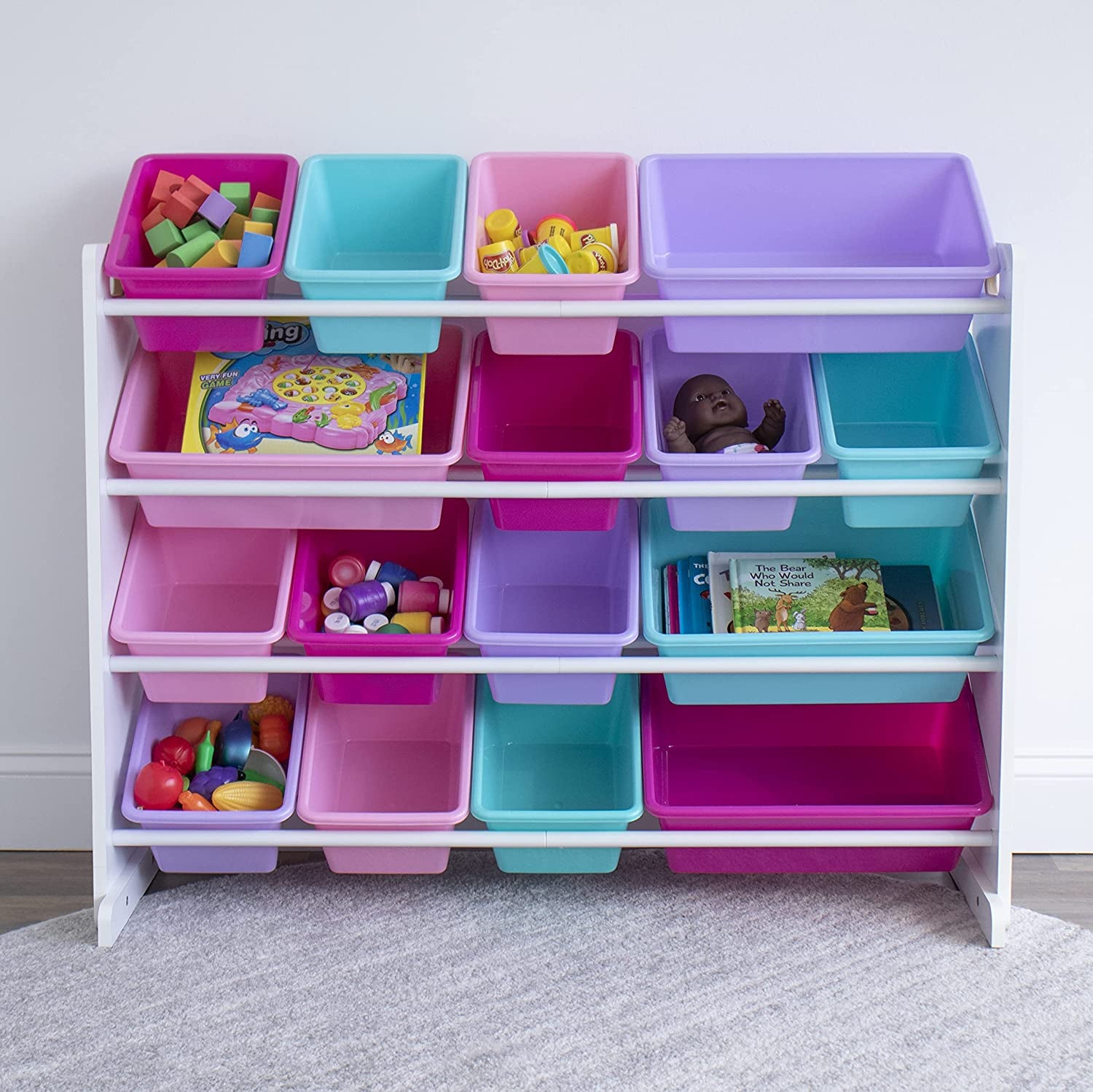 , White/Blue/Pink/Purple Extra-Large Toy Organizer, 16 Storage Bins