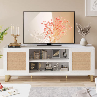 TV Stand Rattan Entertainment Center for 65 Inch TV Modern TV Console Table White Low TV Stand with Storage, Doors and Shelves, TV Console Media Cabinet Furniture for Living Bedroom