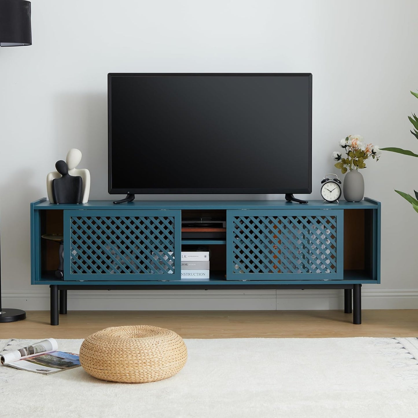 Farmhouse TV Stand for 70 Inch TV, Entertainment Media Center with Grid Sliding Door and Adjustable Shelves, Television Stands with Storage for Living Room Bedroom(Blue)