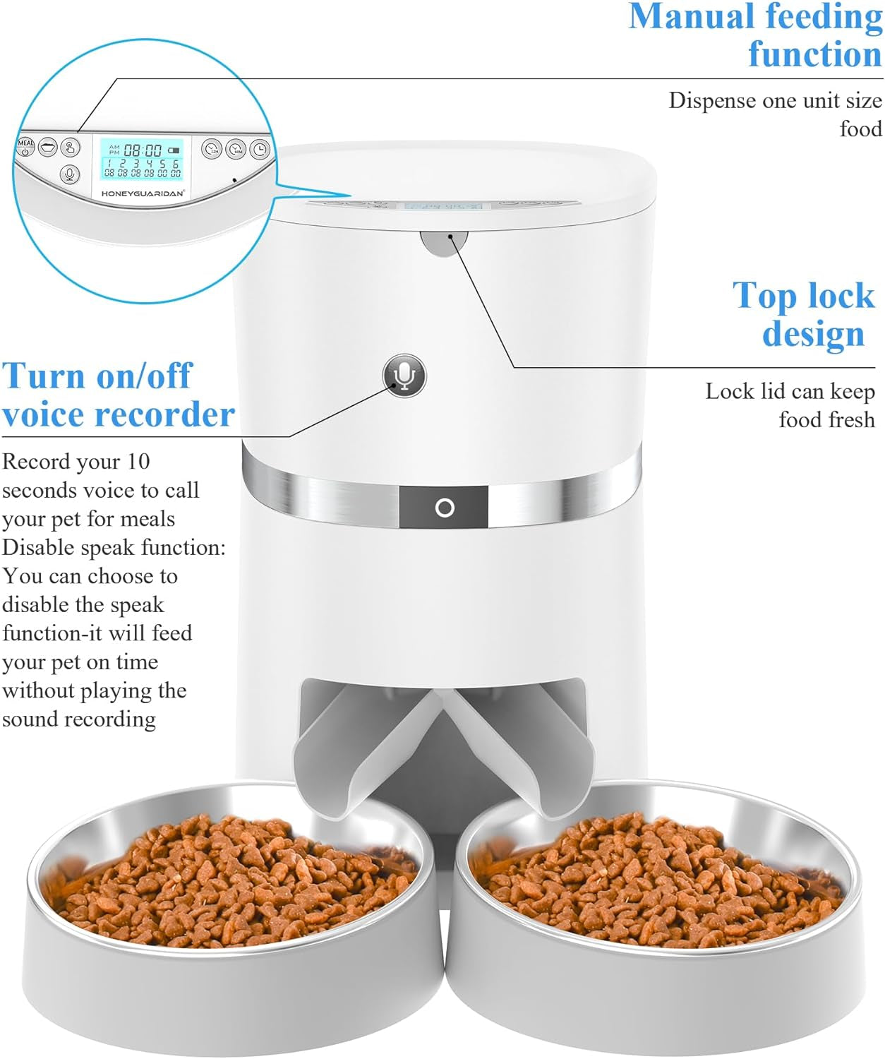 Automatic Cat Feeder,  Pet Feeder Food Dispenser for Cat & Small Dog with Two-Way Splitter and Double Bowls, up to 6 Meals with Portion Control, Voice Recorder - Battery and Plug-In Power