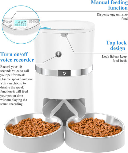 Automatic Cat Feeder,  Pet Feeder Food Dispenser for Cat & Small Dog with Two-Way Splitter and Double Bowls, up to 6 Meals with Portion Control, Voice Recorder - Battery and Plug-In Power