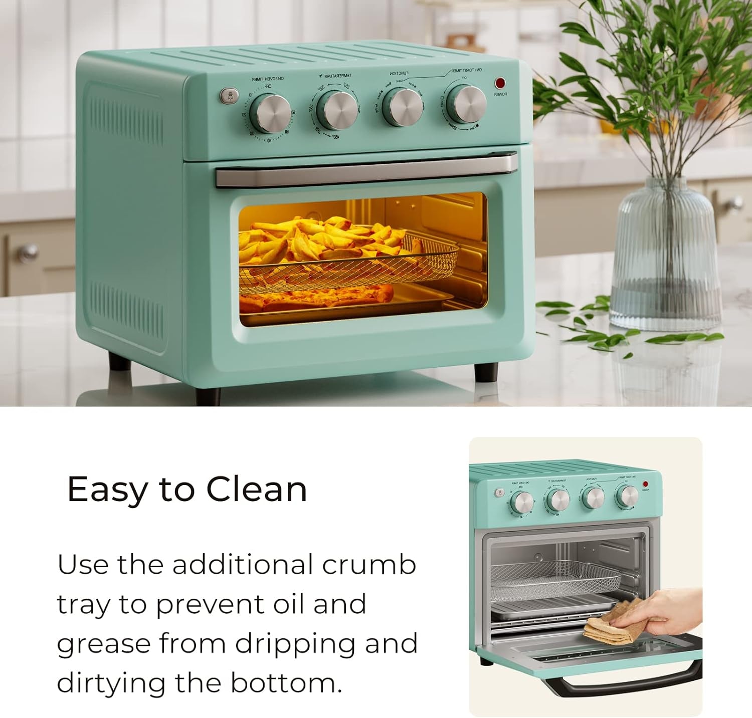 Retro Toaster Oven -  Air Fryer Oven & Toasters 19QT, Large 7 in 1 Convection Oven Combo for Family Use, 360° Even & Healthy Cooking, 5 Accessories & Recipe Book (Turquoise)