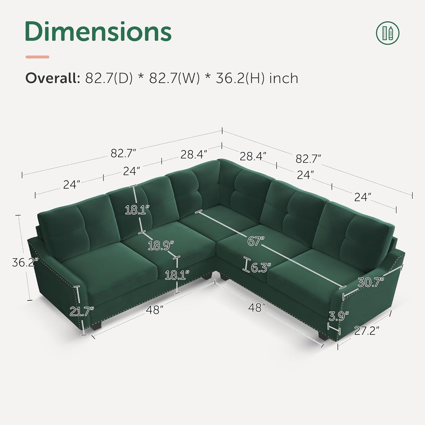 Convertible Sectional Sofa L Shaped Couch for Small Apartment Reversible Sectional Couch for Living Room,Velvet Green