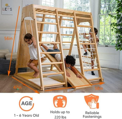 Magnolia Indoor Playground 6-In-1 Jungle Gym Montessori Waldorf Style Wooden Climber Playset Slide, Rock Climbing Wall, Rope Wall Climber, Monkey Bars, Swing for Toddlers, Children Kids 2-6Yrs