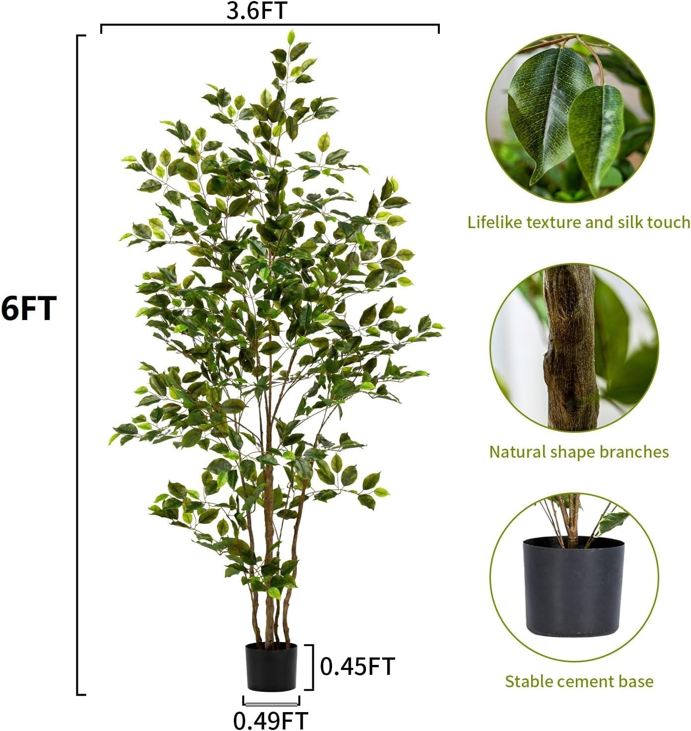 6Ft Fake Ficus Tree-Clear Texture,Faux Ficus Tree,Fake Tree Artificial Tree Indoor for Home Decor Indoor,Living Room Corner Decor（No Planter