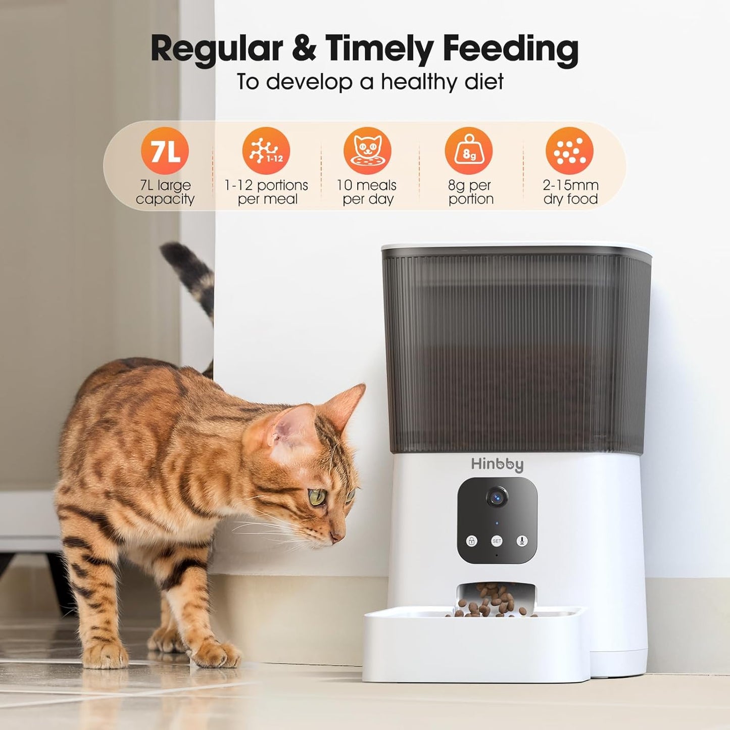 Automatic Cat Feeder with 1080P Camera, 7L Wifi Cat Food Dispenser with Remote App Control, Voice & Video Record, Dual Power Supply, Automatic Dog Feeder Auto Pet Dry Food Feeders for Cats