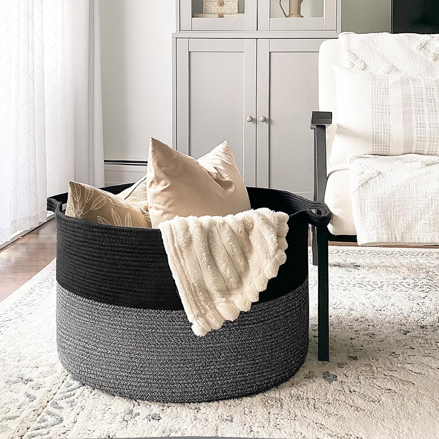 Woven Rope Basket with Handle, Xxxlarge, Cotton for Baby Laundry, Blanket, Toy, Comforter Cushions Storage Bin Thread Laundry Hamper - 21.7" X 21.7" X 13.8"